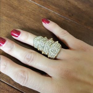 Gold-tone Full Finger Rhinestone Two Band Ring